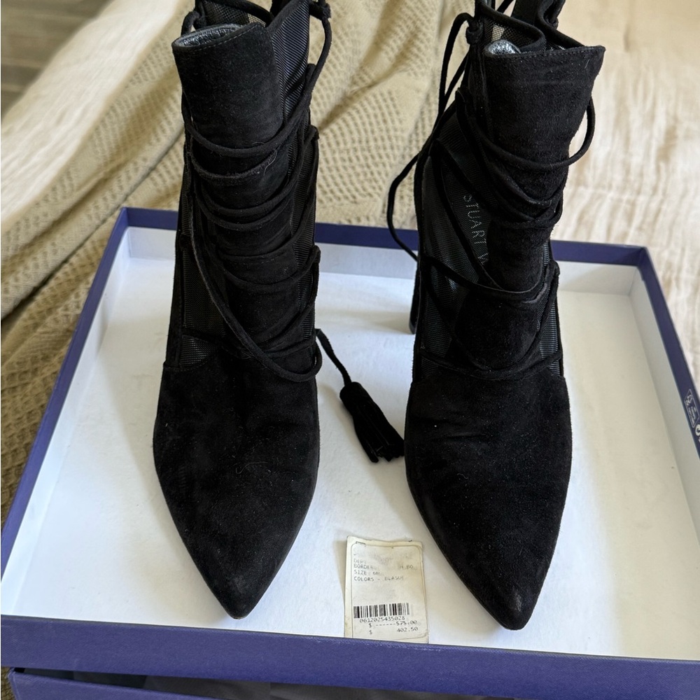 Stuart Weitzman Black Heeled Boots with Lace-Up Detail